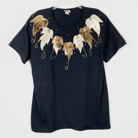 Vintage Black Art Deco Gold Leaf Studded Rhinestone Tshirt - Picture 1 of 5